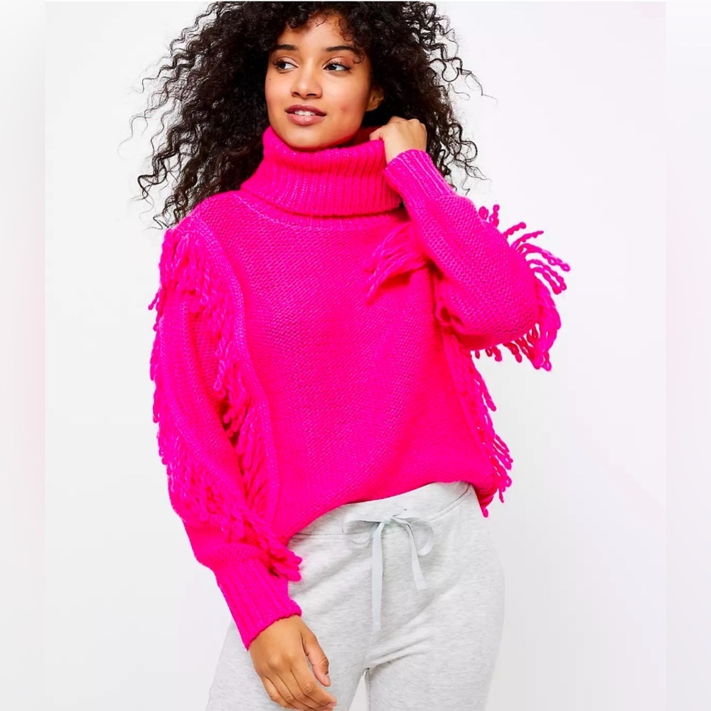 Lou & Grey Pink Cowl Neck Sweater with Chunky Knit and Fluffy Pom-Pom